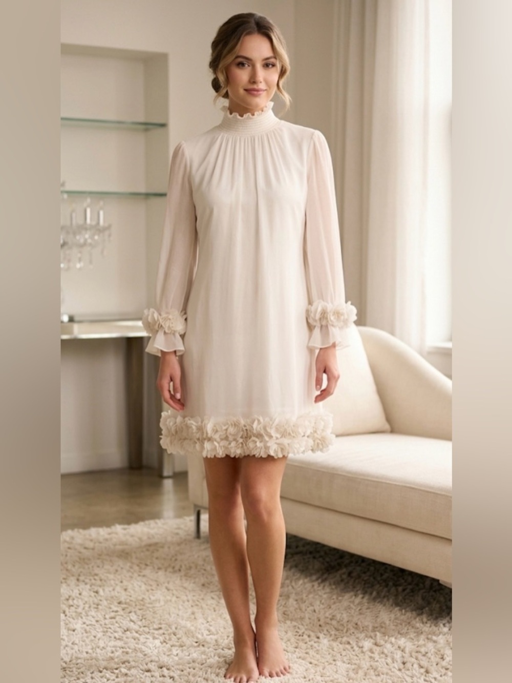 NWT ALEX MARIE Elegant Cream High-Neck Ruffle-Hem  Dress Size 10